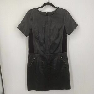 Halogen Black Leather Ponte Knit Shift Dress Size S Exposed Zipper Short Sleeve